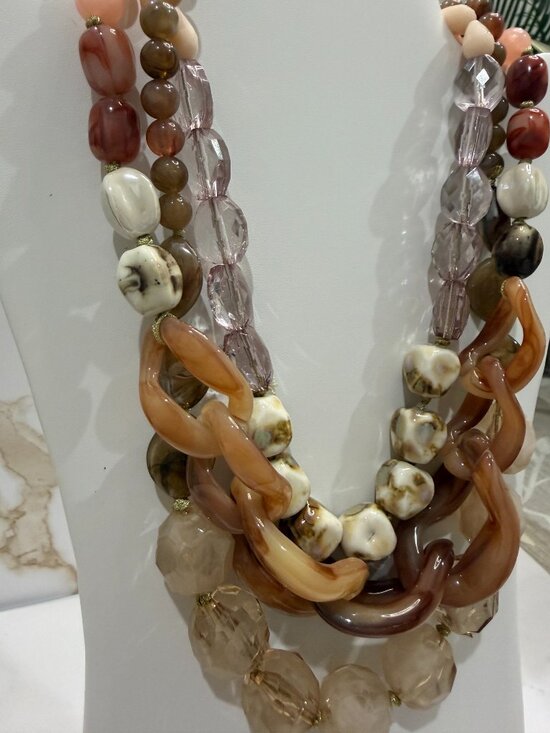 Jewelry - Layered Amber Resin Lucite Shell Bead Link Statement Necklace Unbranded